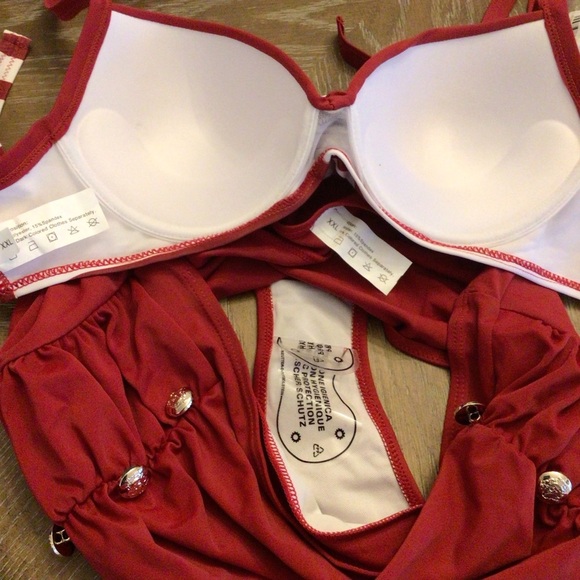 Retro Pin Up Girl Burgundy Stripe Push Up High Waisted Bikini Set XXL - Picture 6 of 10
